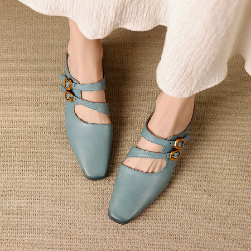 Adele Genuine Leather Dual-Strap Mules