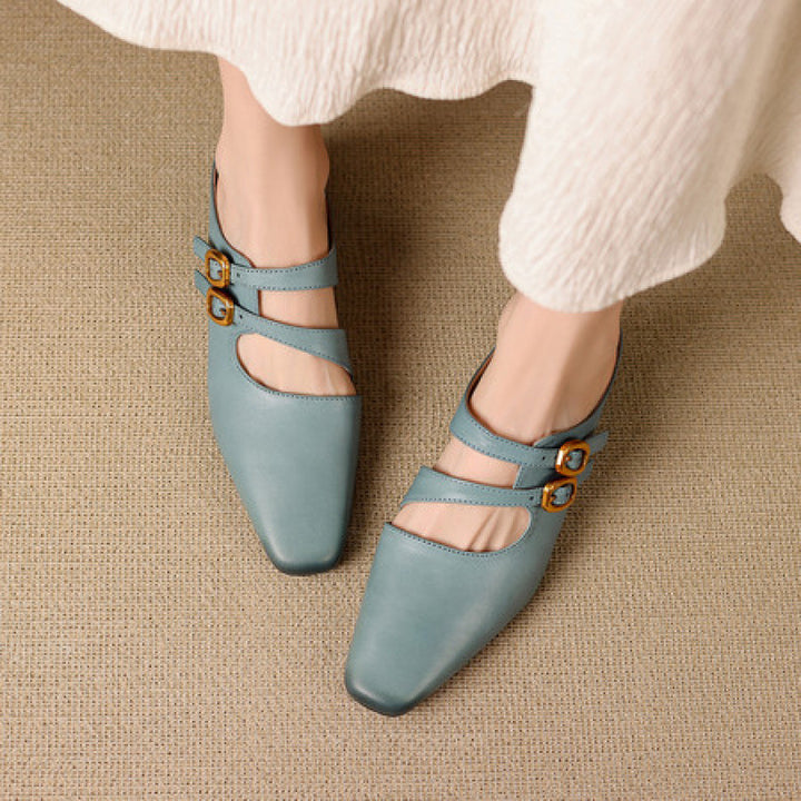Adele Genuine Leather Dual-Strap Mules