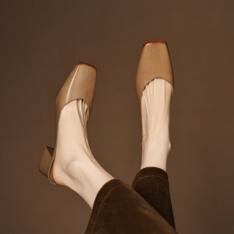 Emy Genuine Leather Square Toe Mule Heels