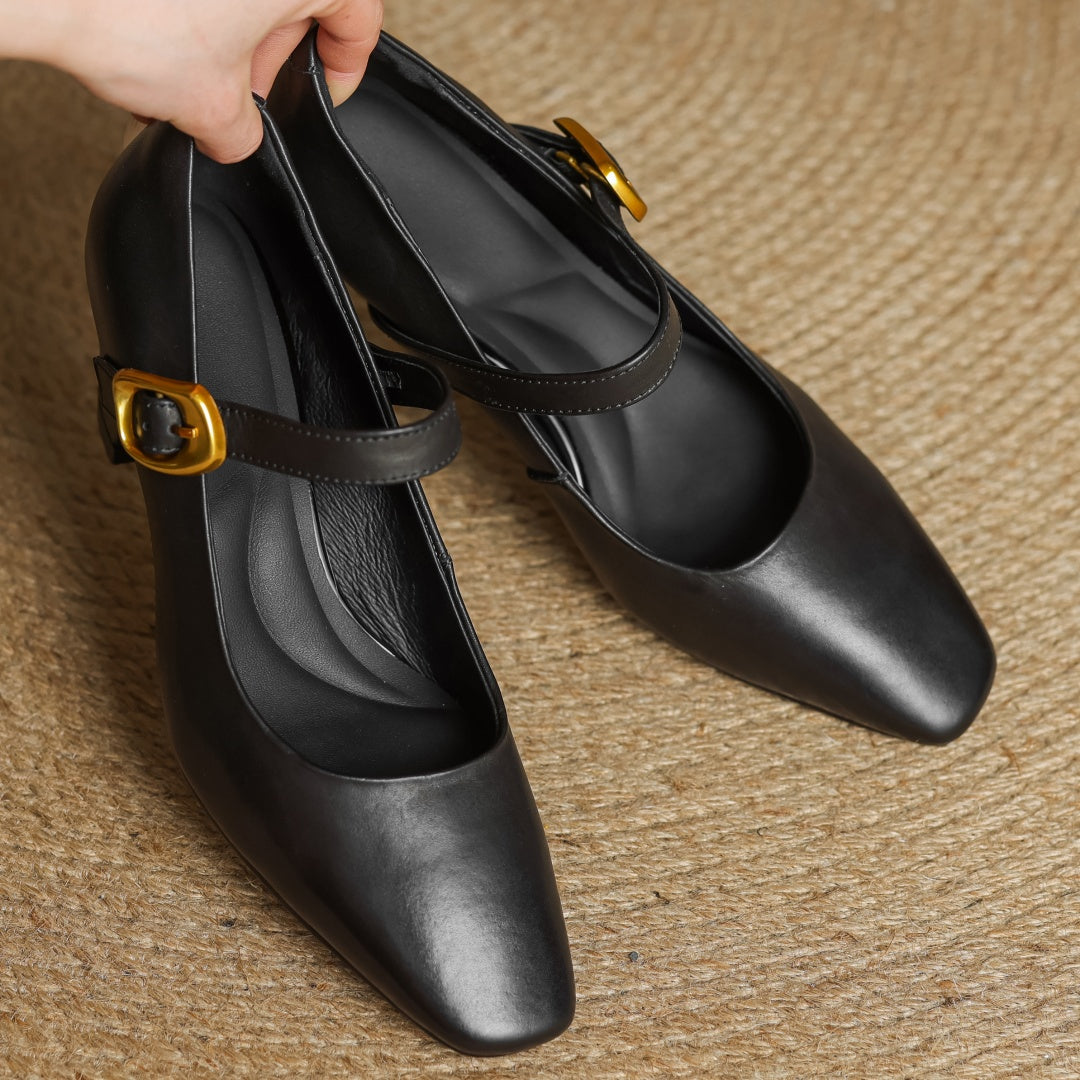 Eva Genuine Leather Mary Jane Block Heel Pumps