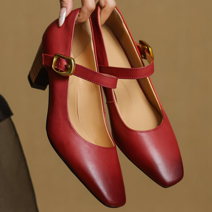 Eva Genuine Leather Mary Jane Block Heel Pumps