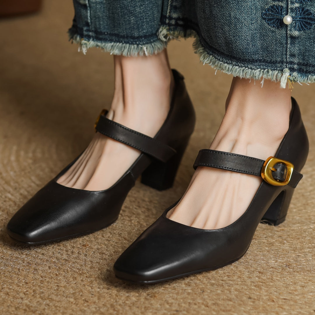 Eva Genuine Leather Mary Jane Block Heel Pumps