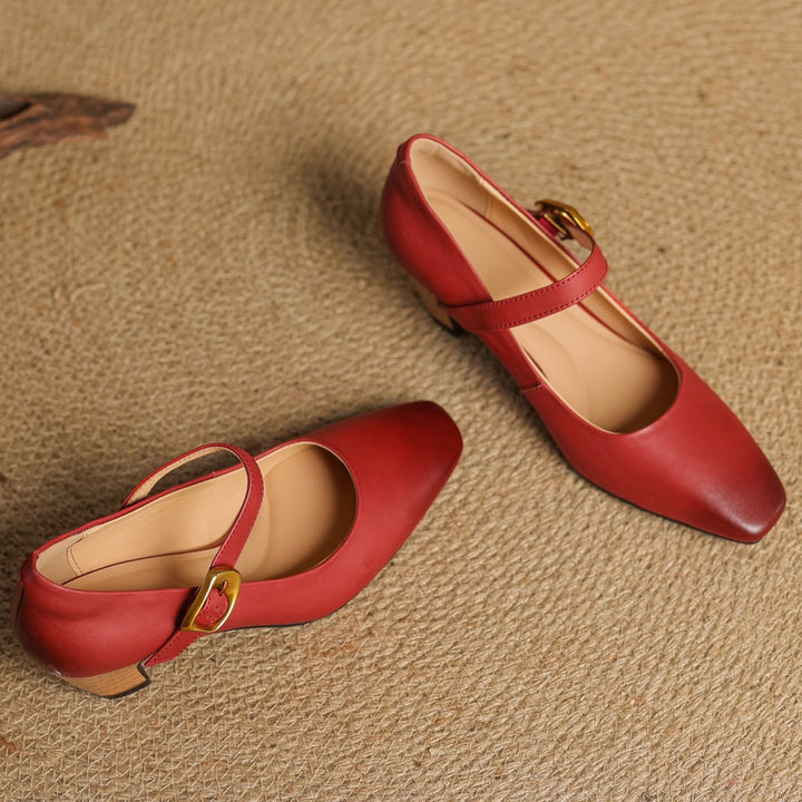 Eva Genuine Leather Mary Jane Block Heel Pumps