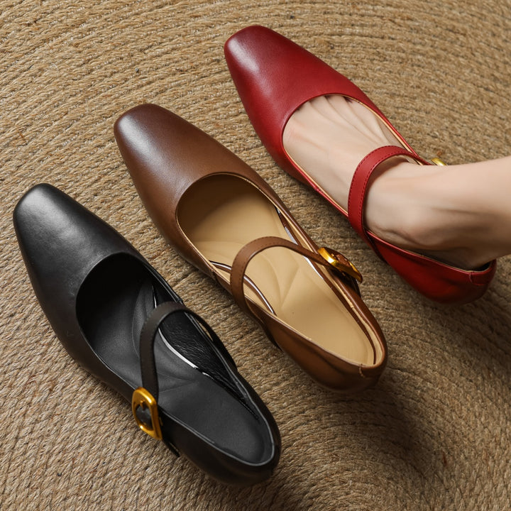 Eva Genuine Leather Mary Jane Block Heel Pumps