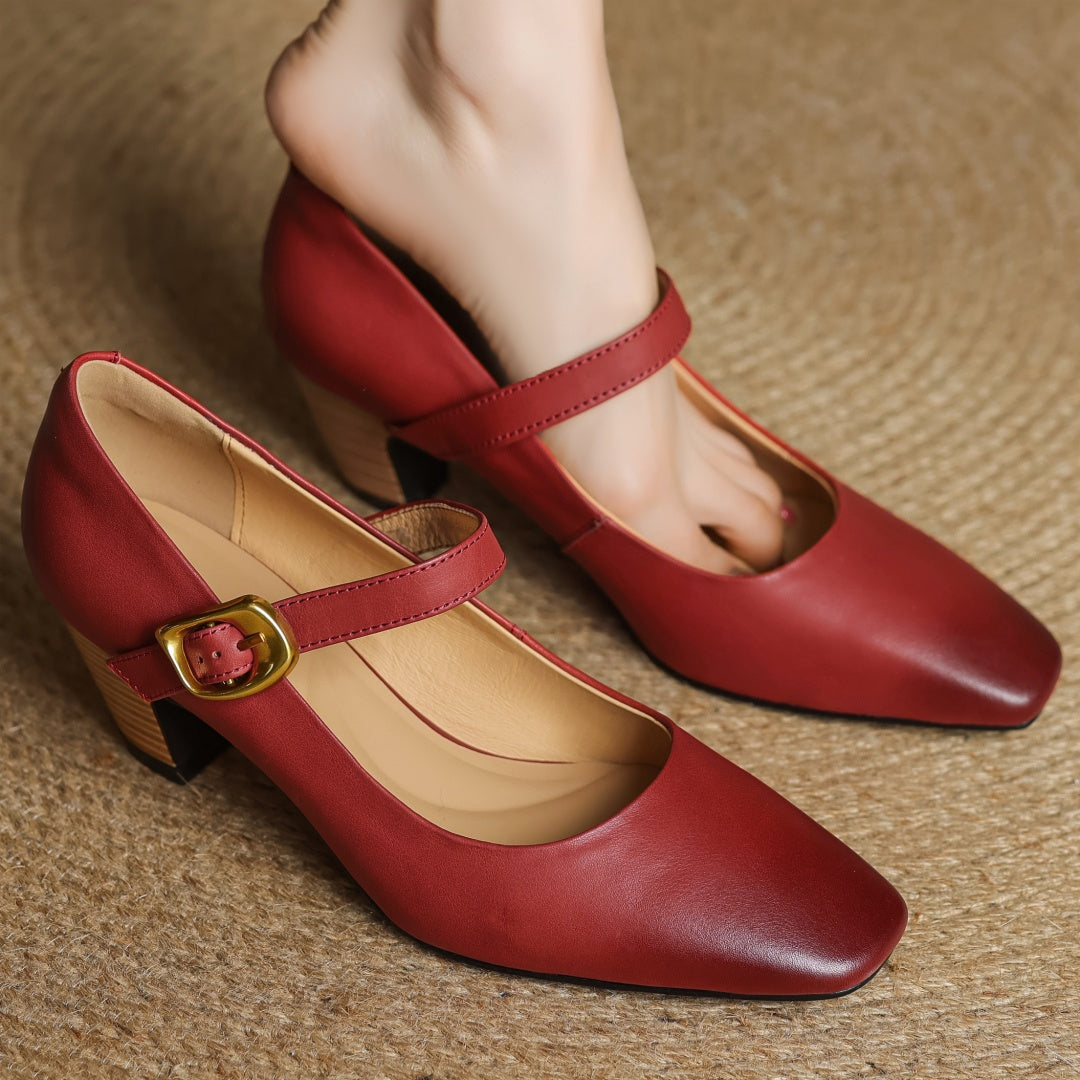 Eva Genuine Leather Mary Jane Block Heel Pumps