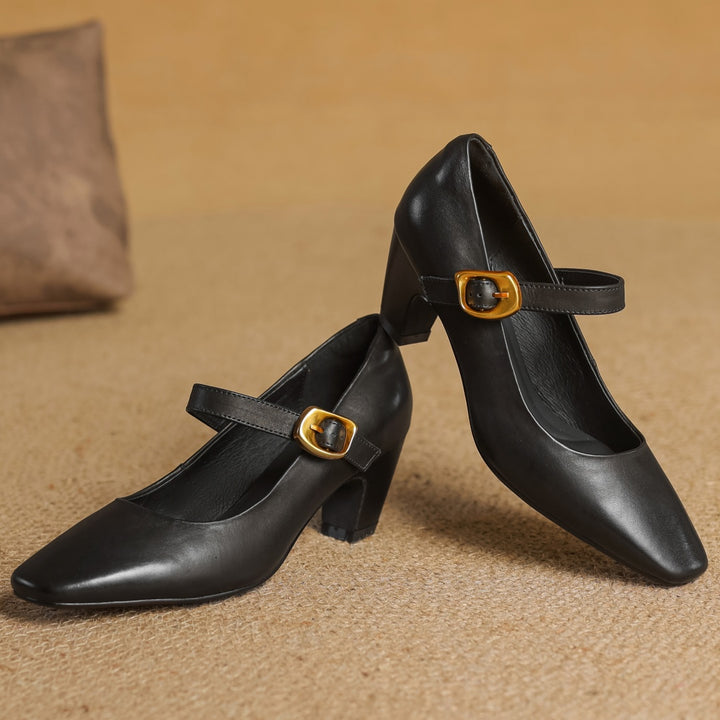 Eva Genuine Leather Mary Jane Block Heel Pumps