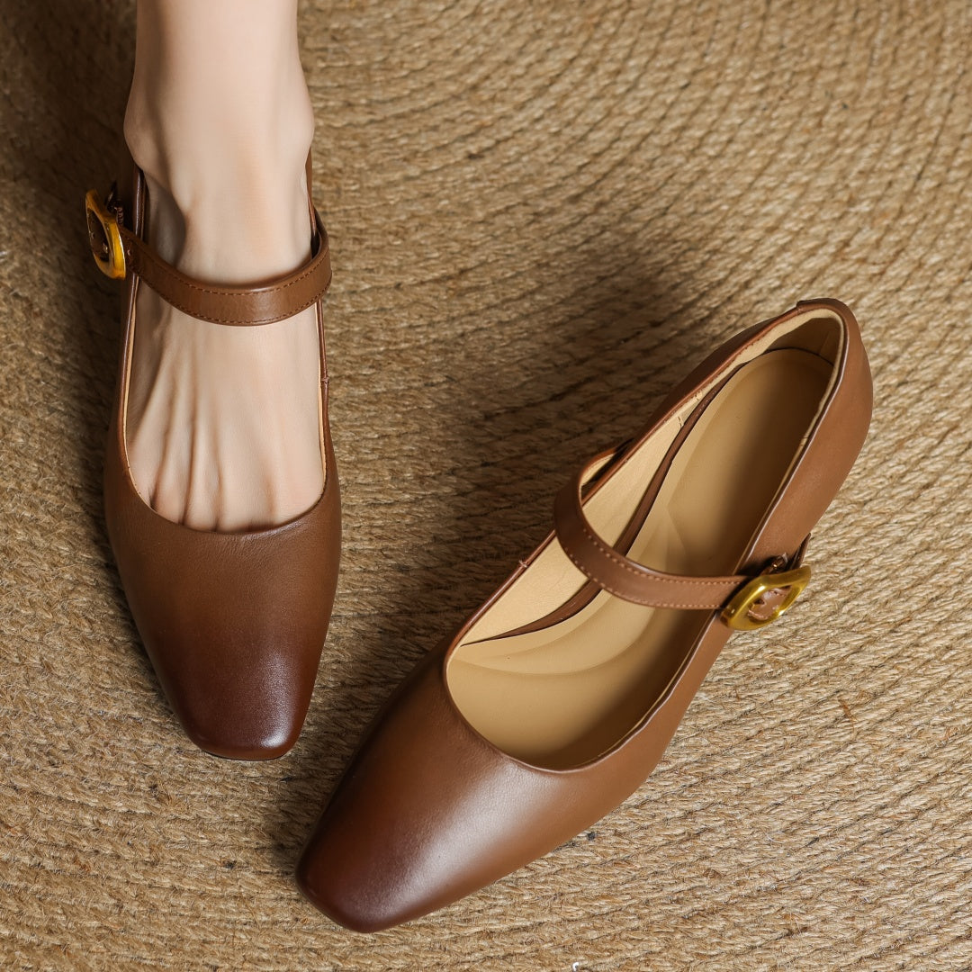 Eva Genuine Leather Mary Jane Block Heel Pumps