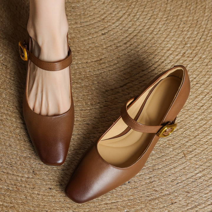 Eva Genuine Leather Mary Jane Block Heel Pumps