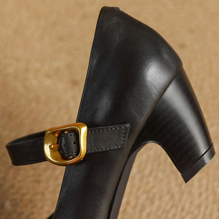 Eva Genuine Leather Mary Jane Block Heel Pumps