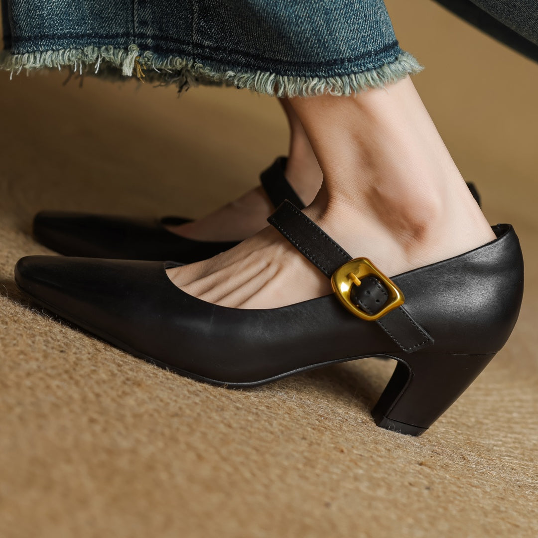 Eva Genuine Leather Mary Jane Block Heel Pumps