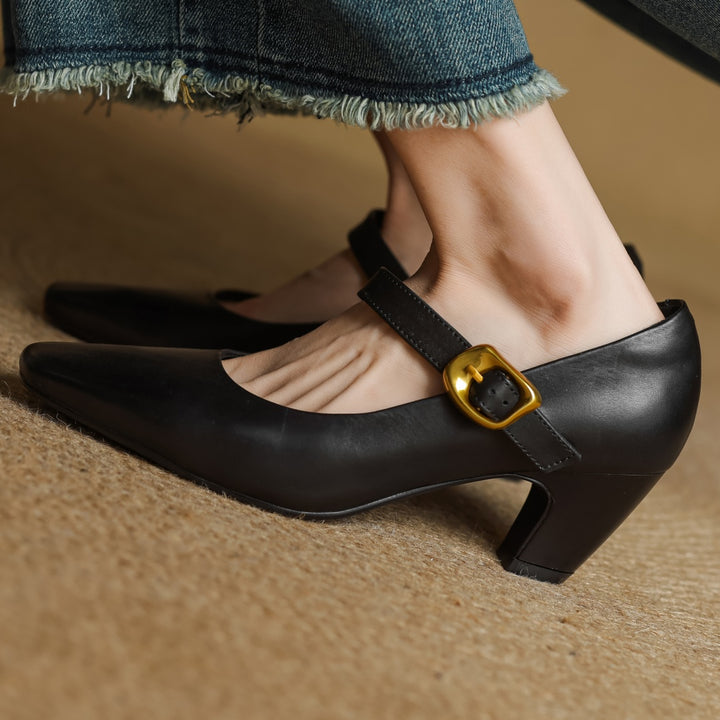 Eva Genuine Leather Mary Jane Block Heel Pumps