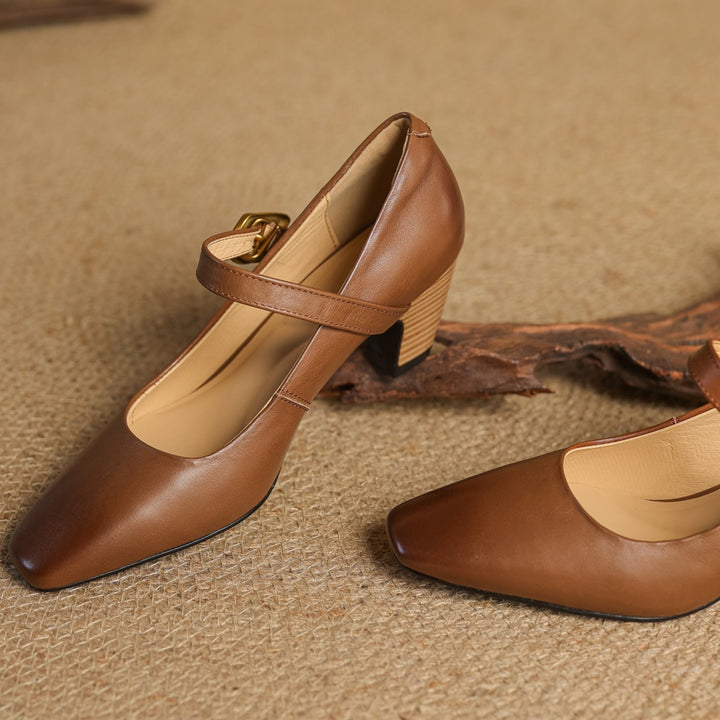 Eva Genuine Leather Mary Jane Block Heel Pumps