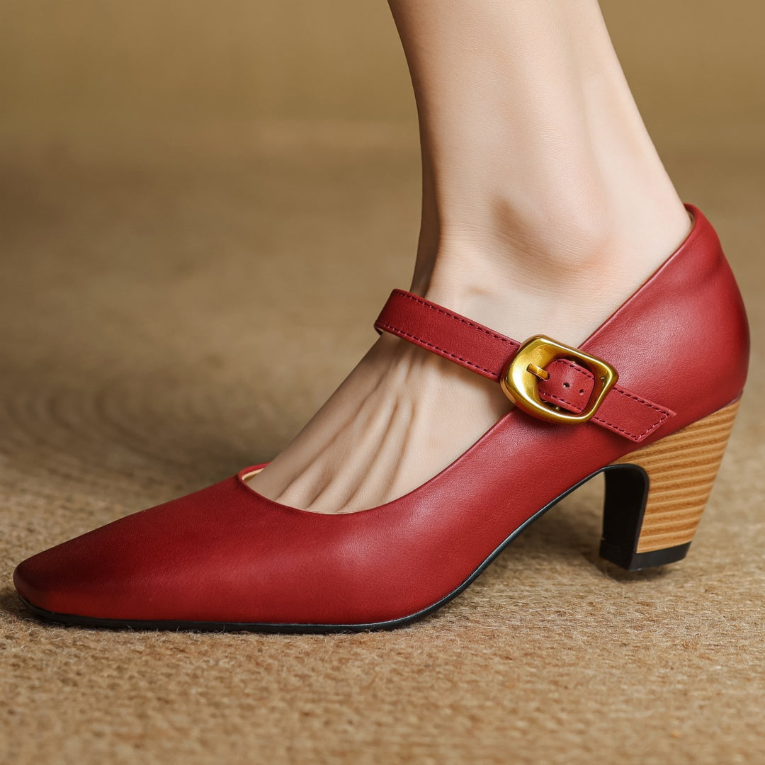Eva Genuine Leather Mary Jane Block Heel Pumps