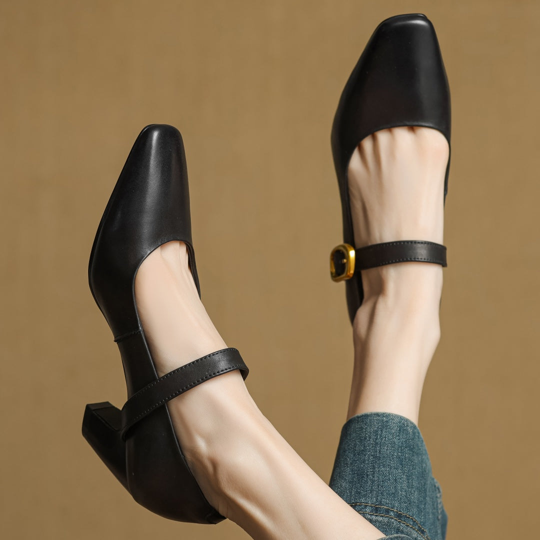 Eva Genuine Leather Mary Jane Block Heel Pumps