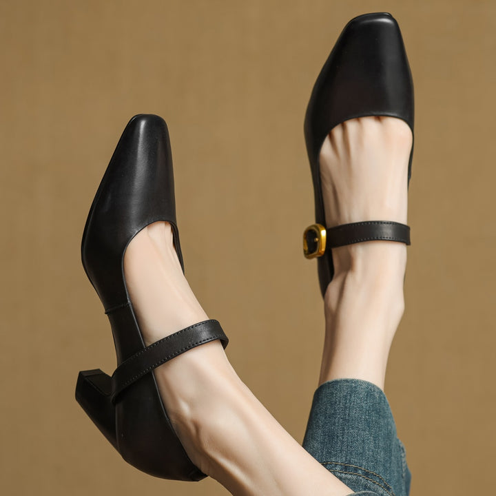 Eva Genuine Leather Mary Jane Block Heel Pumps