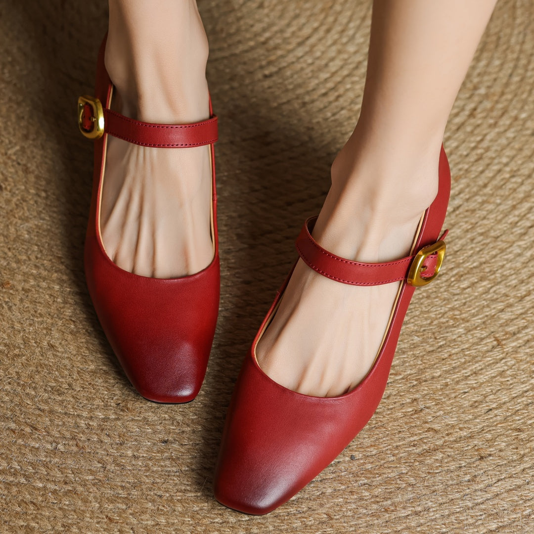 Eva Genuine Leather Mary Jane Block Heel Pumps