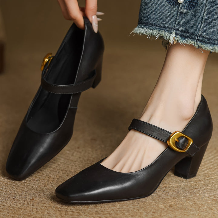 Eva Genuine Leather Mary Jane Block Heel Pumps