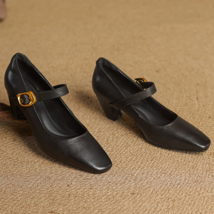 Eva Genuine Leather Mary Jane Block Heel Pumps