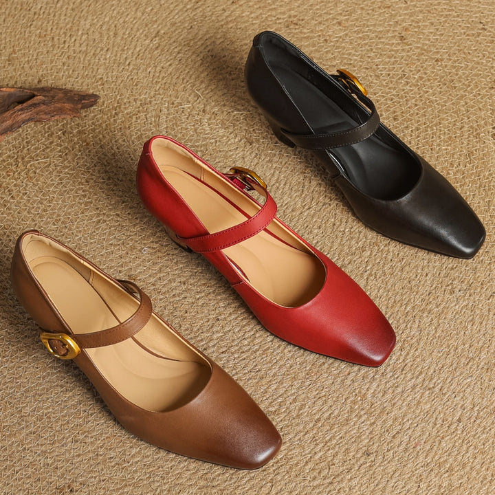 Eva Genuine Leather Mary Jane Block Heel Pumps