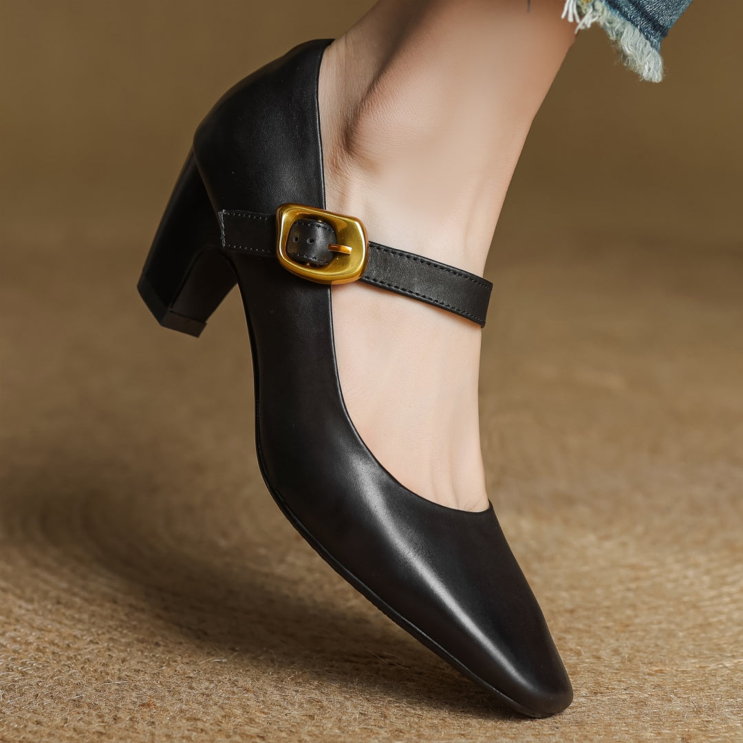 Eva Genuine Leather Mary Jane Block Heel Pumps