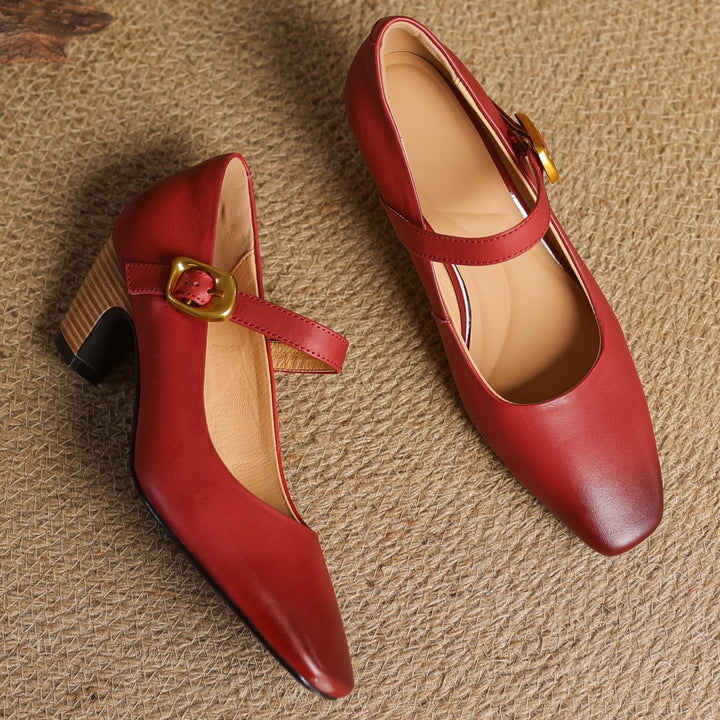 Eva Genuine Leather Mary Jane Block Heel Pumps