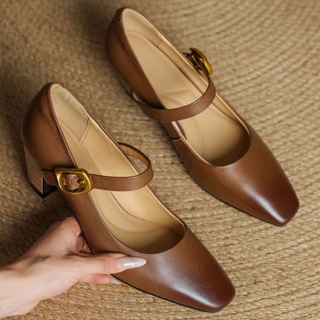 Eva Genuine Leather Mary Jane Block Heel Pumps