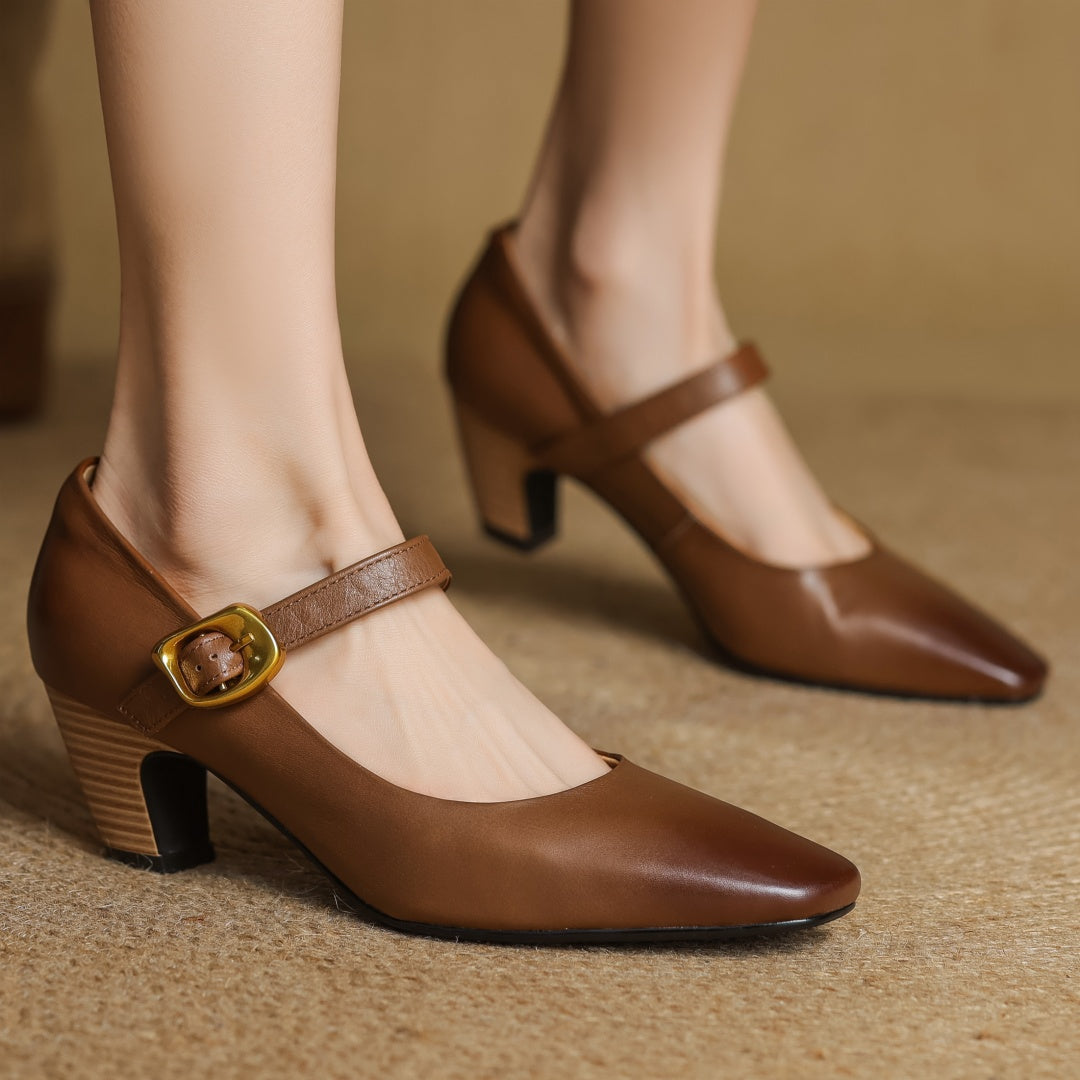 Eva Genuine Leather Mary Jane Block Heel Pumps
