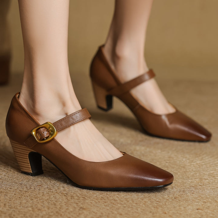 Eva Genuine Leather Mary Jane Block Heel Pumps