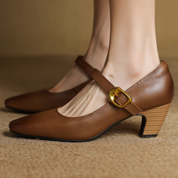 Eva Genuine Leather Mary Jane Block Heel Pumps