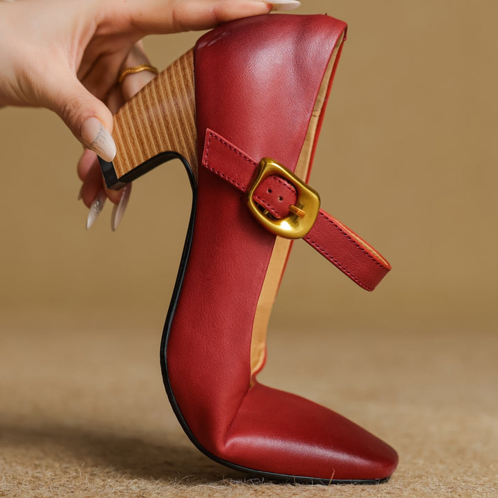 Eva Genuine Leather Mary Jane Block Heel Pumps