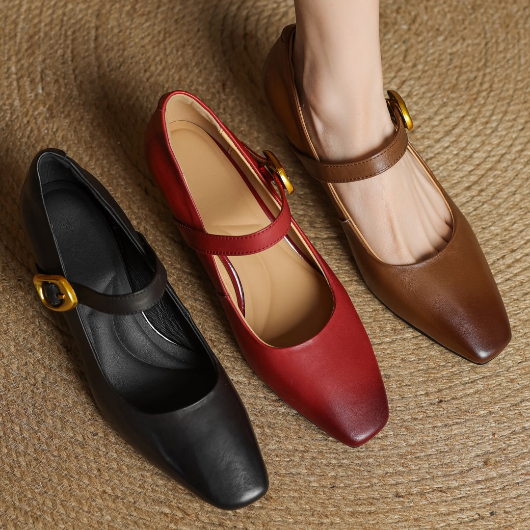 Eva Genuine Leather Mary Jane Block Heel Pumps