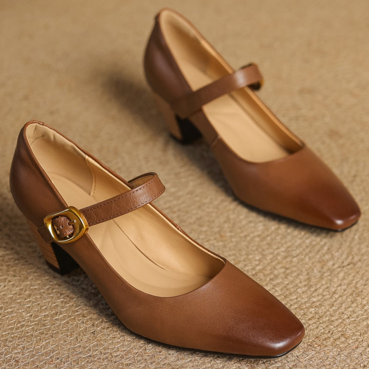 Eva Genuine Leather Mary Jane Block Heel Pumps