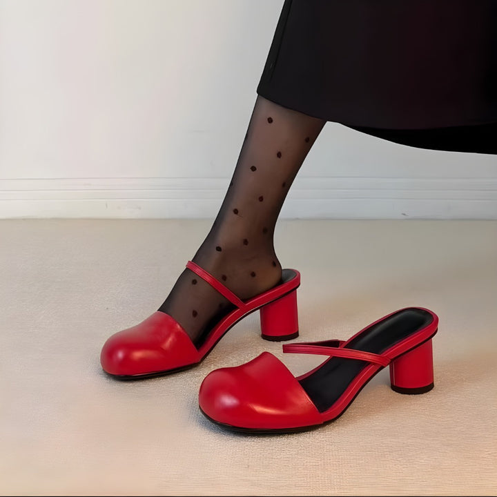 Olara Genuine Leather Round Toe Mule Heels