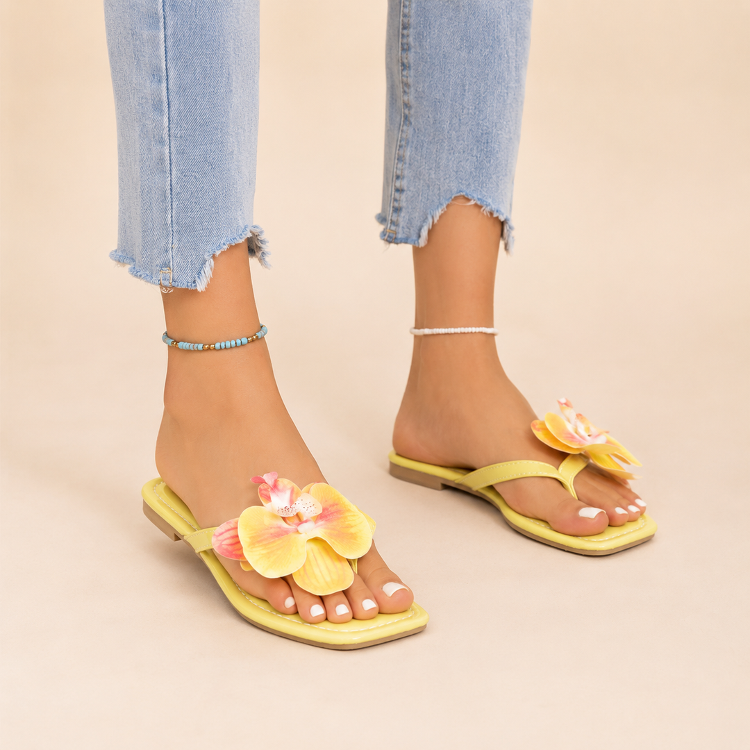 Orchid Square-Toe Floral Flip-Flops