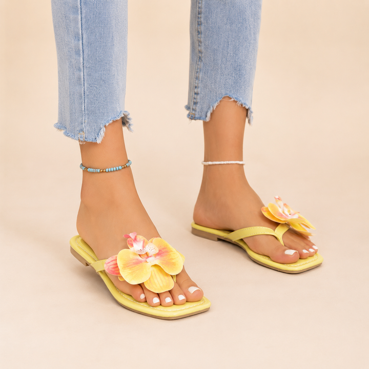 Orchid Square-Toe Floral Flip-Flops