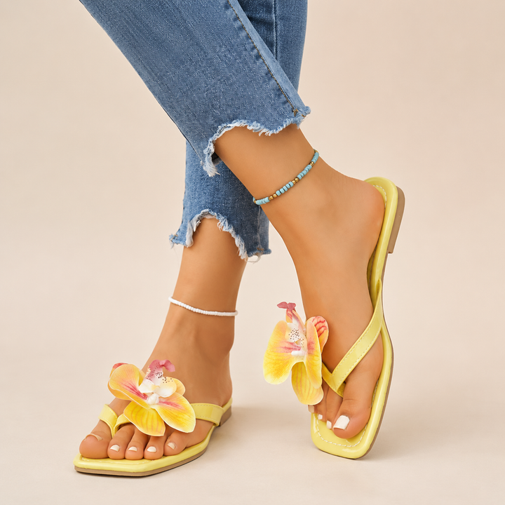 Orchid Square-Toe Floral Flip-Flops