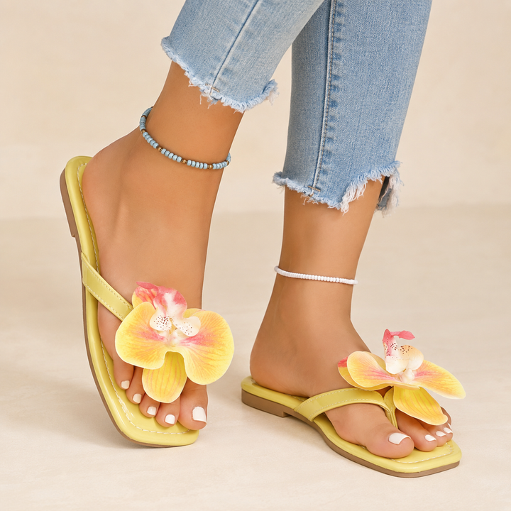 Orchid Square-Toe Floral Flip-Flops