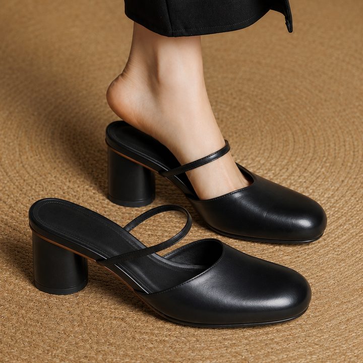 Olara Genuine Leather Round Toe Mule Heels