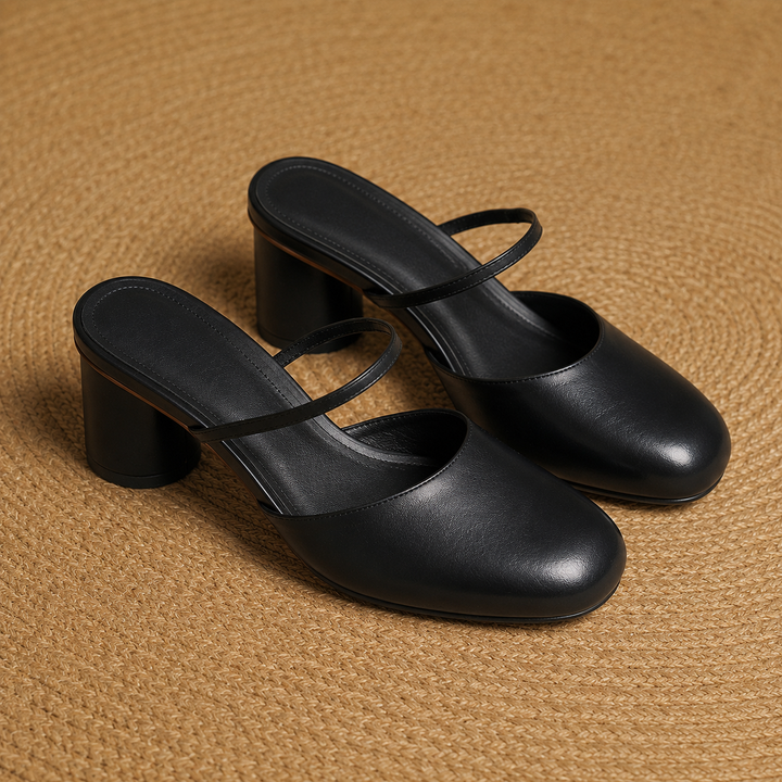 Olara Genuine Leather Round Toe Mule Heels