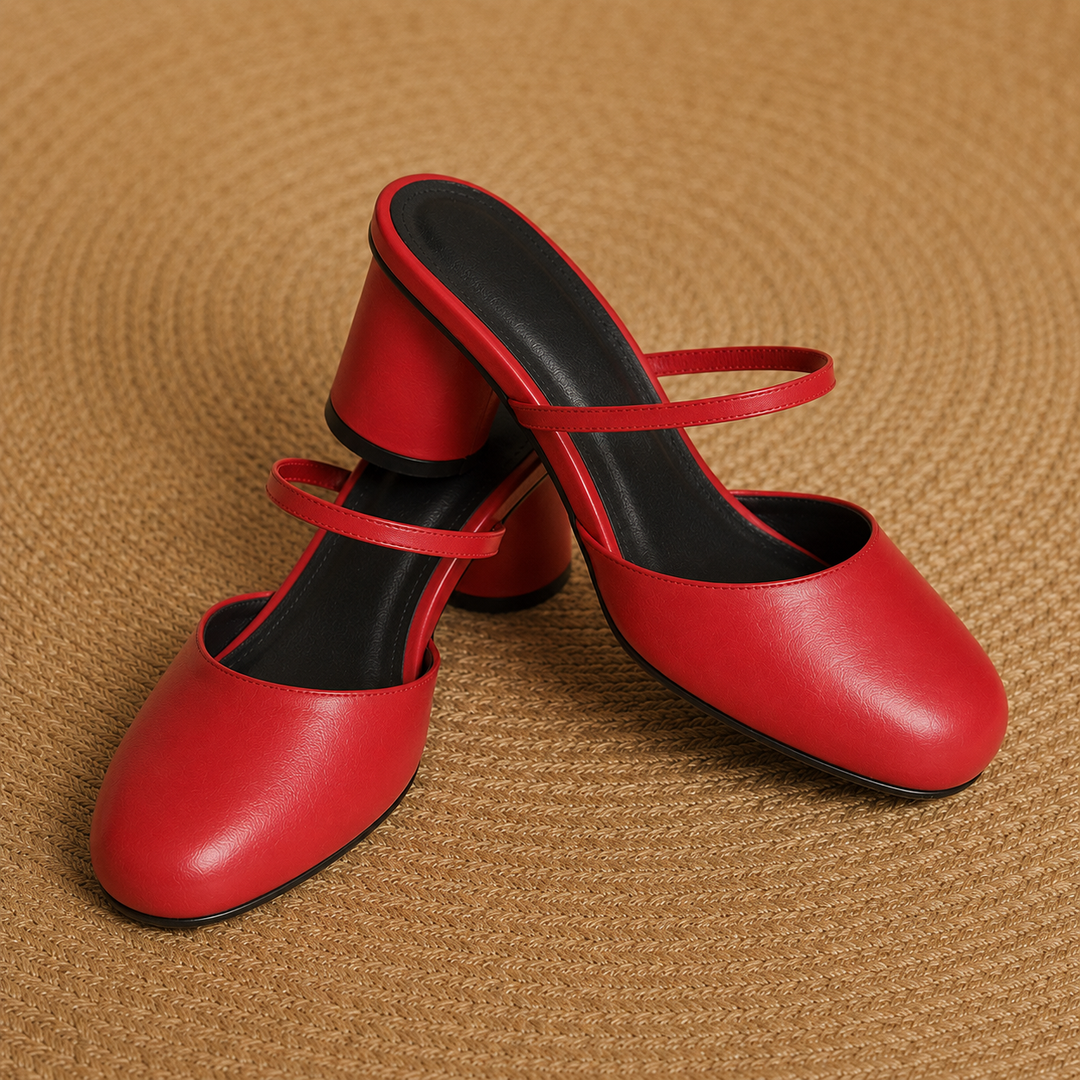 Olara Genuine Leather Round Toe Mule Heels