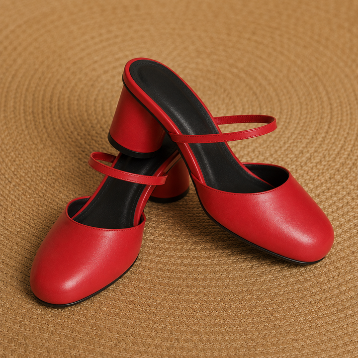 Olara Genuine Leather Round Toe Mule Heels