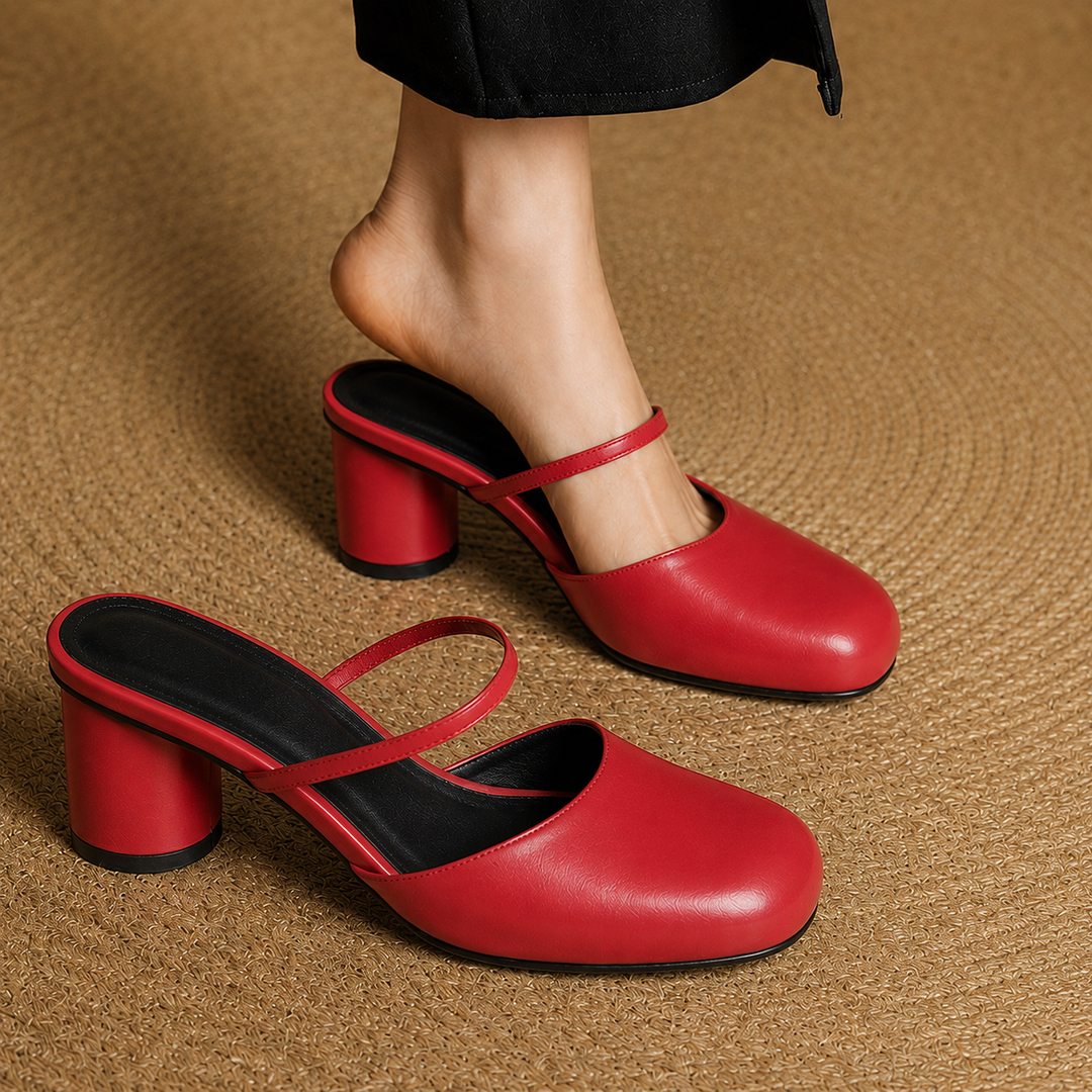 Olara Genuine Leather Round Toe Mule Heels