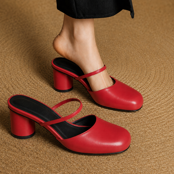 Olara Genuine Leather Round Toe Mule Heels