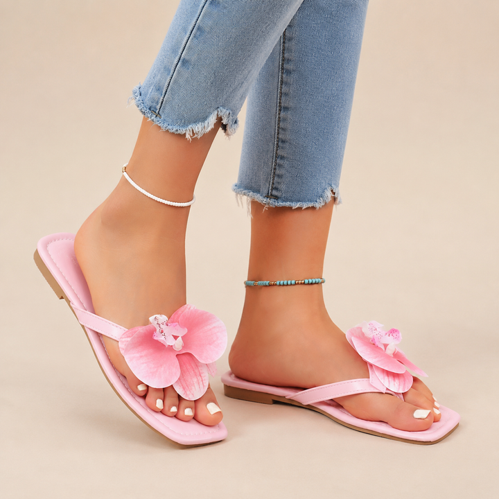Orchid Square-Toe Floral Flip-Flops