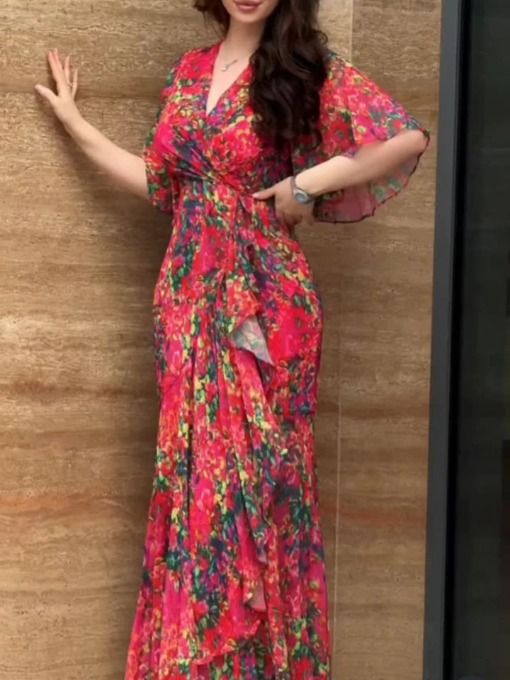 Ivora Retro V-Neck Trumpet Sleeve Printed Midi Dress