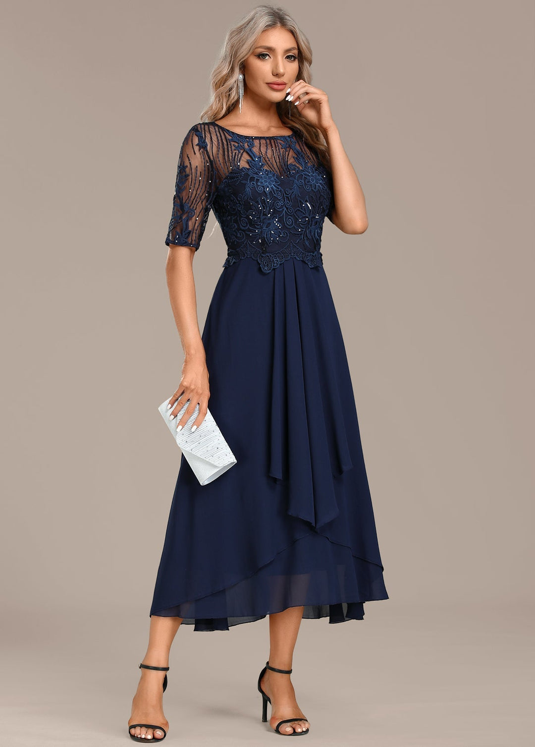 Adeline Navy Lace Round Neck Short Sleeve Dress