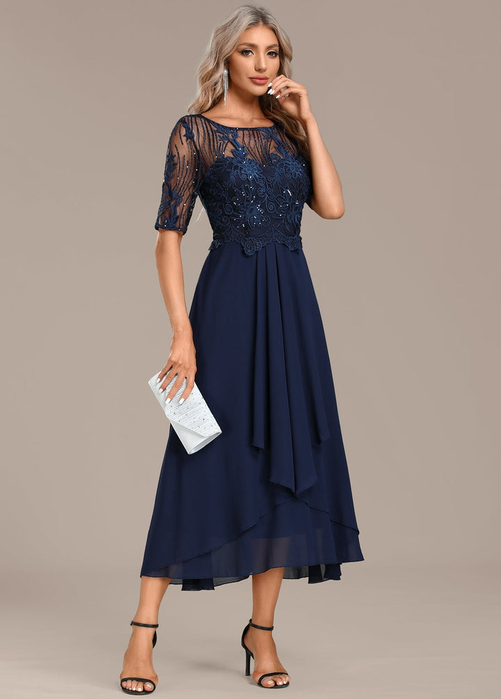Adeline Navy Lace Round Neck Short Sleeve Dress