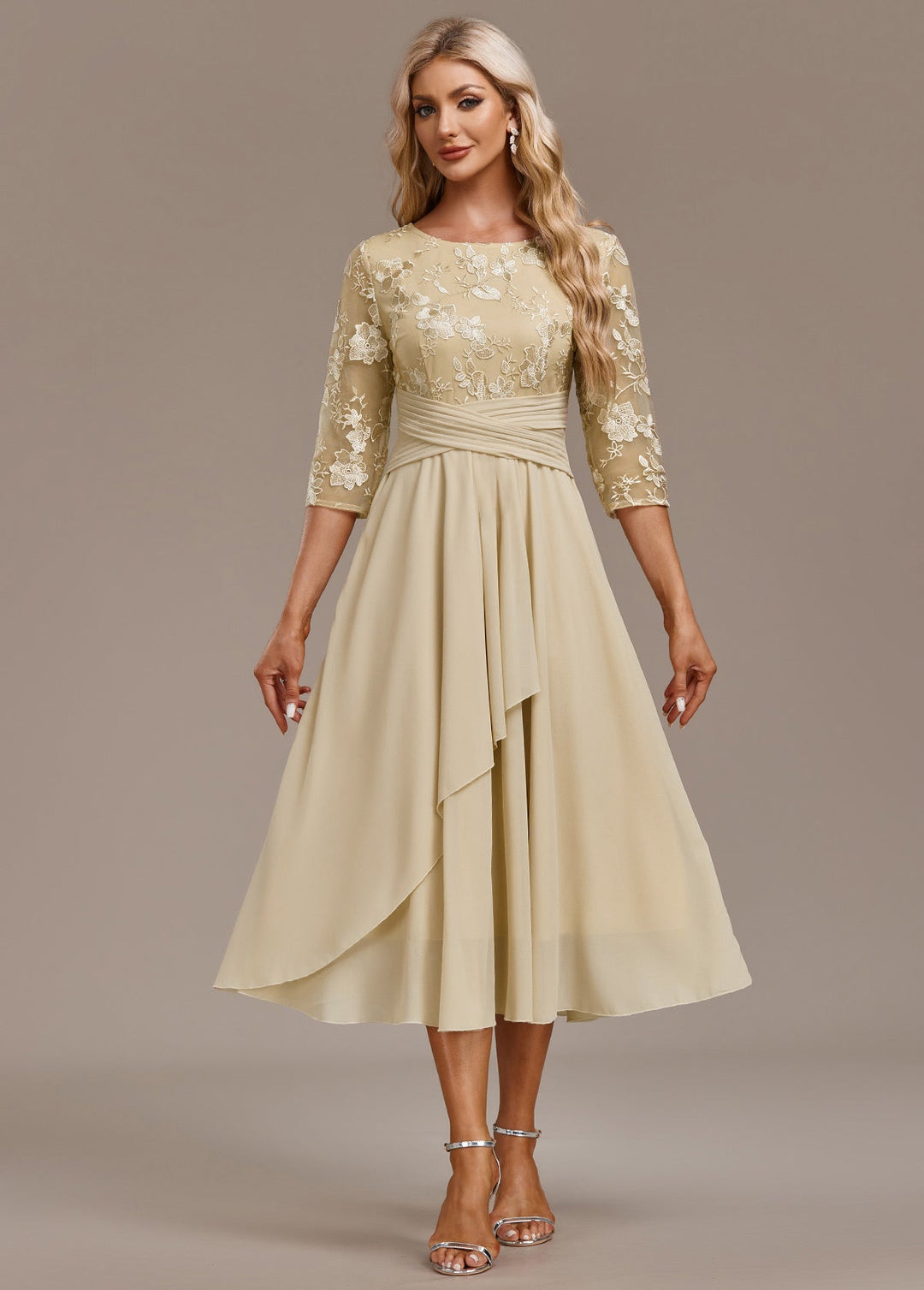 Bellamy Floral Embroidered 3/4 Sleeve Round Neck Dress