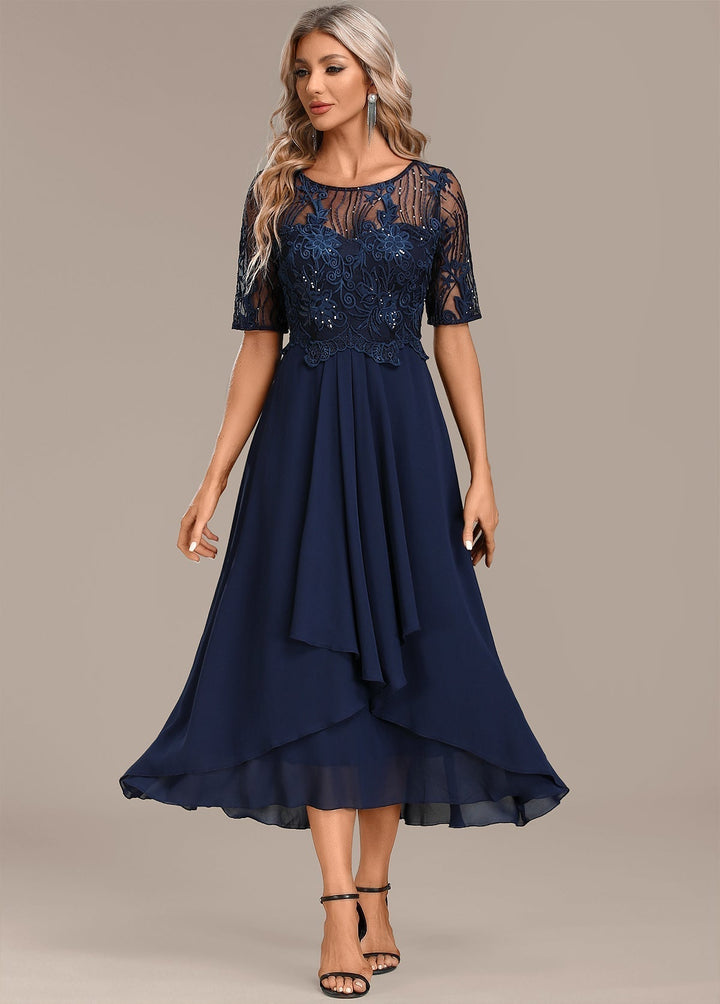 Adeline Navy Lace Round Neck Short Sleeve Dress