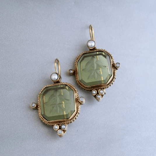 Galena Vintage Green Pearl Drop Earrings